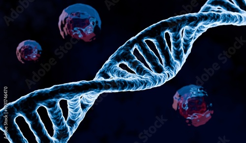 Abstract 3D rendering of a glowing blue DNA helix with spherical cells in the background