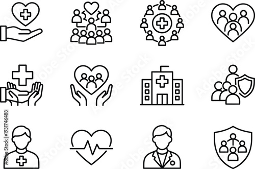 Healthcare and medical insurance line icons set with hospital protection patient support vector illustration collection
