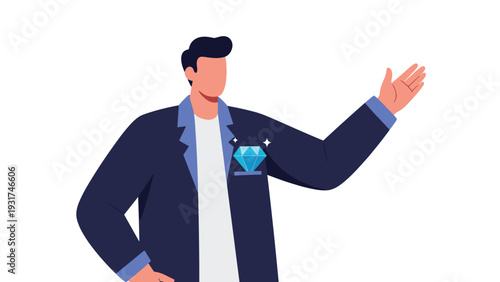 Professional man in a business suit presenting a large sparkling diamond tucked into his jacket pocket as a sign of value.