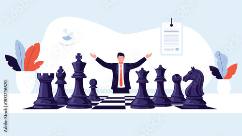 Confident businessman standing with open arms behind a giant chessboard with black pieces representing strategic leadership.