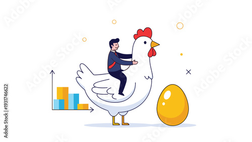 Businessman riding on the back of a giant white chicken standing next to a large shining golden egg and a bar graph.
