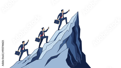 Three businessmen with briefcases climbing a steep mountain peak and pointing towards the summit to represent business success.