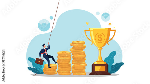 Ambitious businessman climbing a staircase made of gold coin stacks leading to a massive golden trophy cup for achievement.