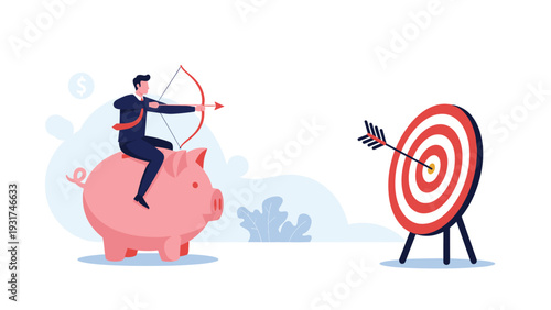 Businessman riding on a giant pink piggy bank and shooting an arrow from a bow at a distant target board for financial goals.