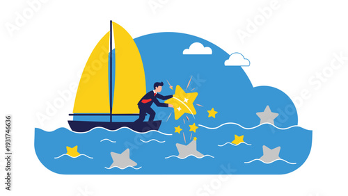 Businessman on a small sailboat reaching into the water to pick up a glowing yellow star among several grey ones in the sea.