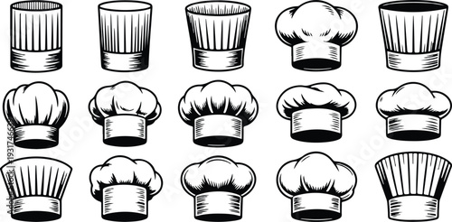 Chef hat collection vector set with hand-drawn line art cooking toques in multiple styles for restaurant bakery and culinary branding