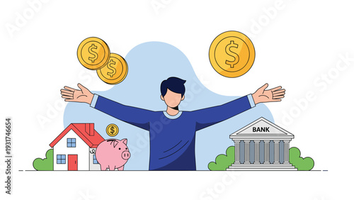 Happy man with open arms standing between a house, a bank building, and a piggy bank with falling gold coins above him.