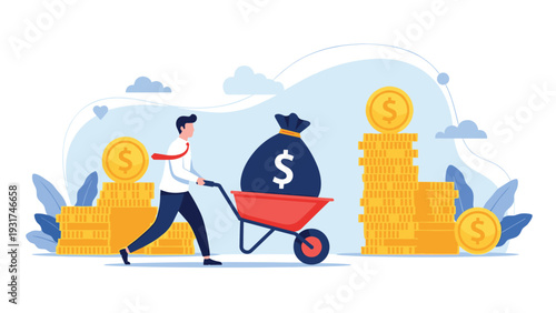 Energetic businessman pushing a wheelbarrow carrying a massive blue money bag with a dollar sign among stacks of gold coins.