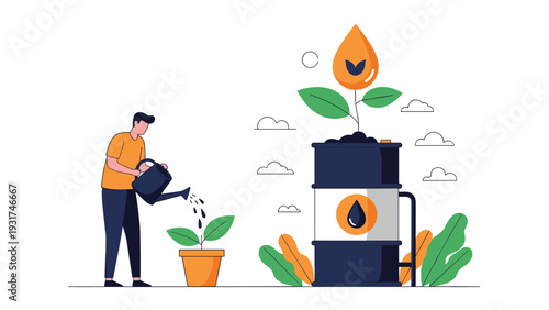 Businessman watering a small plant in a pot next to a larger plant growing out of an oil barrel representing energy industry growth.