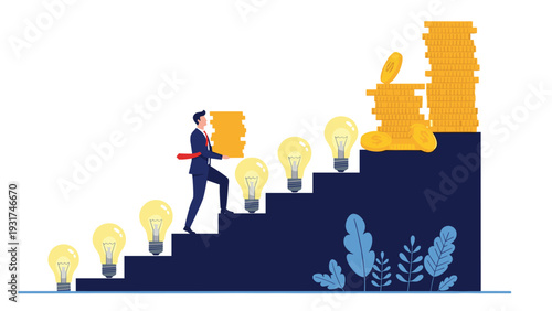Businessman carrying a stack of gold coins while climbing a staircase made of glowing light bulbs representing profitable ideas.