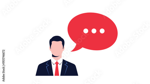 Head and shoulders portrait of a businessman in a dark suit with a red tie and a large red speech bubble containing dots.