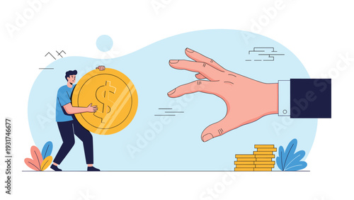 Businessman holding onto a massive gold coin while a giant corporate hand reaches out from the side to grab it representing theft.
