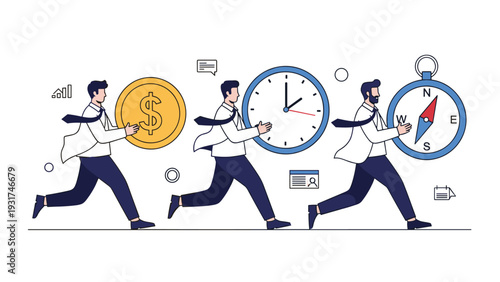 Three business professionals running while holding a giant gold coin, a large clock, and a big compass for time and direction.