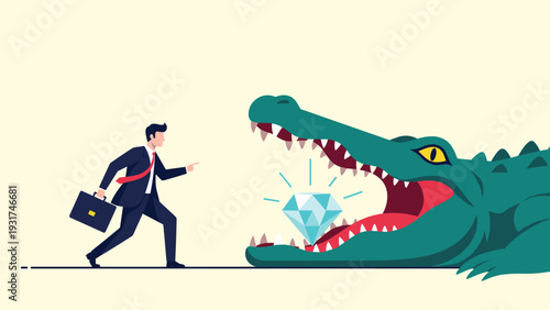 Brave businessman standing in front of the open mouth of a giant green crocodile that is holding a sparkling diamond gem inside.