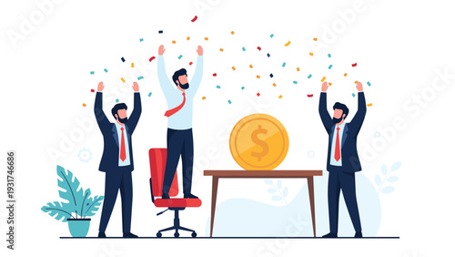 Three business colleagues celebrating with confetti on an office chair while a massive gold coin sits on a table in front of them.