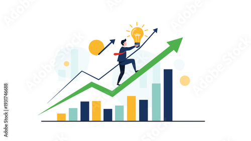Ambitious businessman holding a glowing light bulb and running up a rising green arrow graph representing rapid innovative growth.