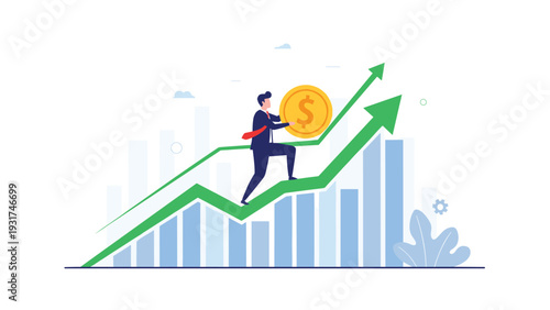 Motivated businessman holding a large gold coin and running up a rising green arrow graph representing rapid financial growth.