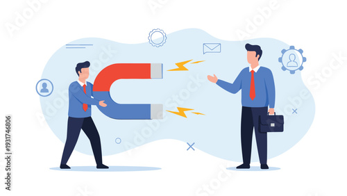 Determined businessman using large red and blue magnet to attract and recruit a new talented professional candidate.