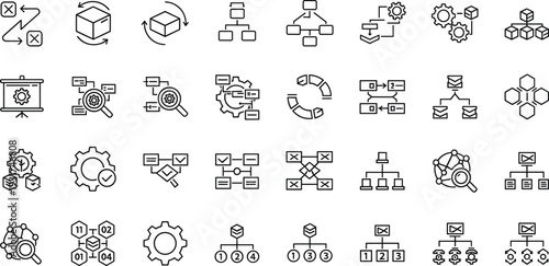 Professional Workflow and Data Structure Icon Set Featuring Hierarchy Flowcharts, Gear Integration, Analytics, Logic Trees, and Process Management Symbols for Technical Documentation and Software