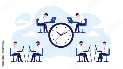 Diverse team of office employees working diligently at their computers arranged around a giant central wall clock.