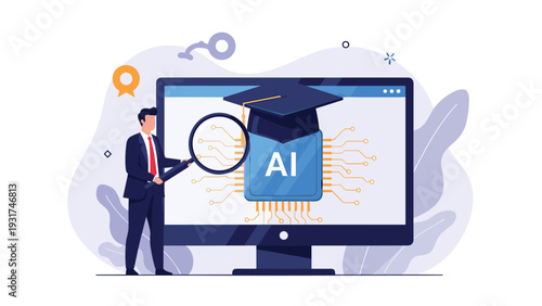 Technology expert using magnifying glass to examine artificial intelligence icon with graduation cap on screen.