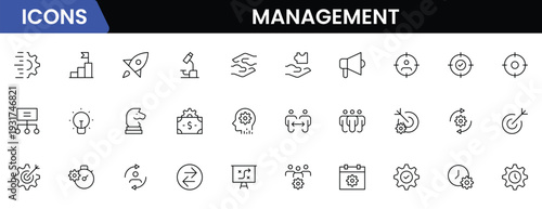 Management icon set. Contains such icons as schedule, human resource, management, development, planning, strategy, and more. Time management and planning concept