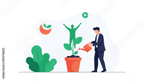 Caring mentor watering a plant that grows into a person shape to symbolize personal and career growth development.