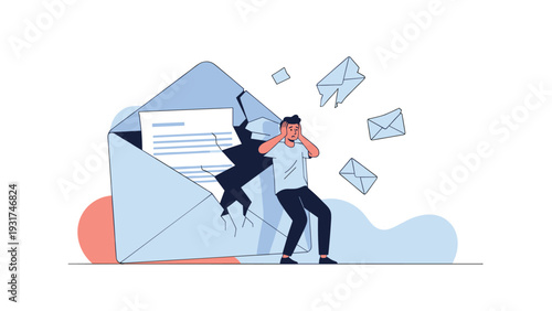 Overwhelmed businessman covering ears in front of giant open envelope with numerous digital emails flying around.