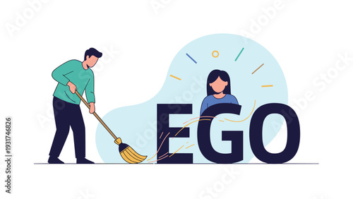 Considerate male colleague using broom to sweep away giant ego letters from the front of this professional woman.