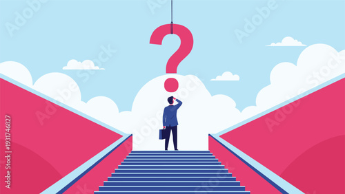Thoughtful businessman standing on top of stairs looking up at large red question mark hanging on a metal hook.