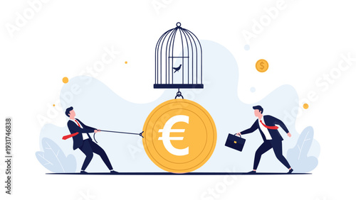 Male entrepreneur pulling giant golden euro coin with rope toward birdcage to illustrate financial entrapment.