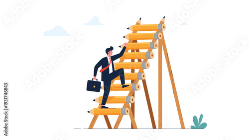 Ambitious businessman climbing tall ladder made of pencils to reach new heights in his education and creativity.