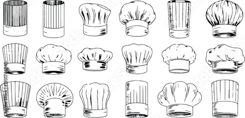 Chef hat collection vector set with hand-drawn line art cooking toques in multiple styles for restaurant bakery and culinary branding
