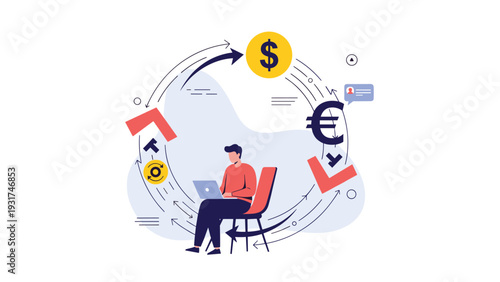 Professional freelancer working on laptop surrounded by circular arrows showing a constant money flow cycle concept.