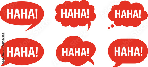 Red “haha” comic speech bubble vector set with funny laughter chat balloons pop art style isolated illustration collection