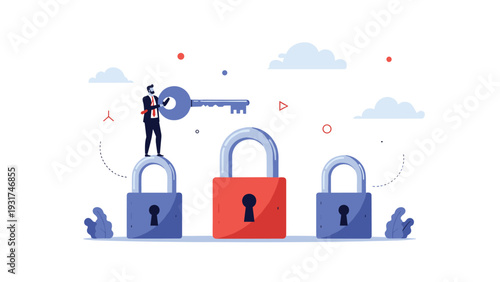 Successful businessman standing on blue padlock while holding giant golden key to unlock a new business solution.