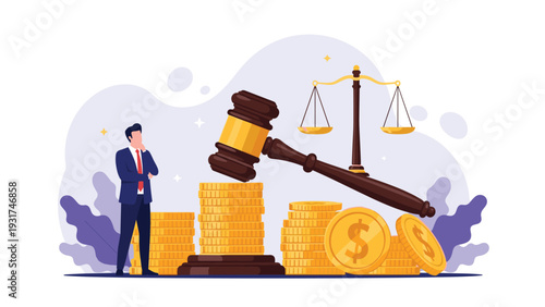 Thoughtful businessman standing beside large wooden gavel and high stacks of gold coins for an official legal review.