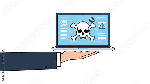 Large hand holding a laptop displaying a dangerous skull and crossbones warning sign of malicious cyber malware.