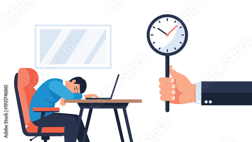 Exhausted employee sleeping on an office desk while a giant hand holds a clock magnifying glass symbolizing time pressure and deadline.