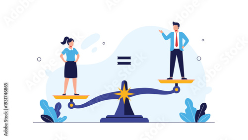 Professional man and woman standing on opposite ends of a balanced golden scale to show workplace gender equality.