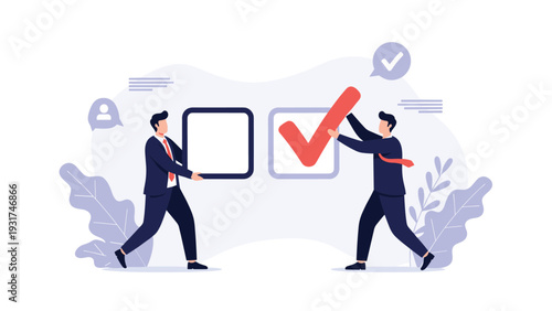 Professional business partners collaborating to place a large checkmark into a square checkbox representing completed tasks and success.