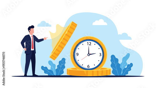 Businessman pointing at a giant clock placed on stacks of gold coins symbolizing time is money concept and financial efficiency.