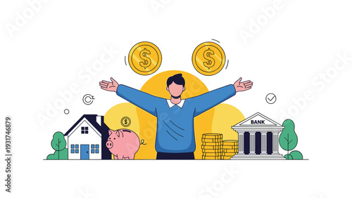 Happy man standing with arms open surrounded by symbols of wealth including house piggy bank coins and bank building for savings.