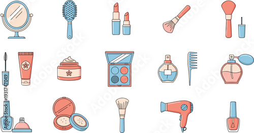 Makeup and Beauty Cosmetic Icon Set with Mirror Lipstick Brush Hairdryer Perfume and Skincare Products Vector Illustration Collection.