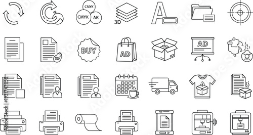 Printing and Advertising Line Icons Set with CMYK Symbols, Documents, Packaging, Delivery, Marketing, Typography and Office Equipment Vector Illustration