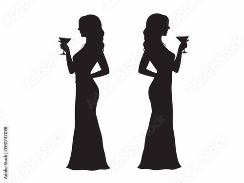 Elegant women in formal gowns enjoying cocktails at a sophisticated party