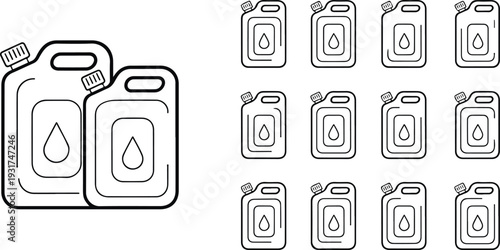 Motor oil container outline icon set with multiple plastic can shapes simple line style for automotive design use
