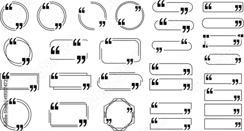 Quote Frame and Speech Bubble Thin Line Icons Set with Citation Boxes Testimonial Borders and Comment Shapes Vector Collection