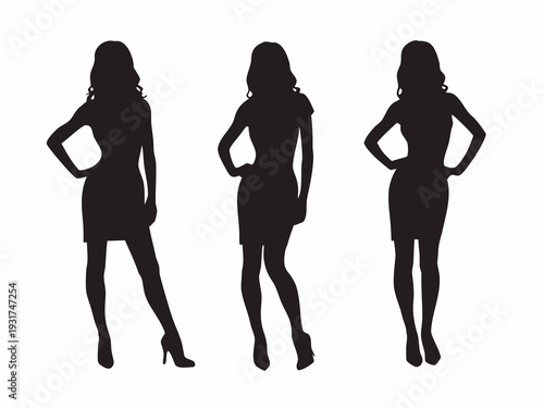 Three confident women in stylish dresses and heels posing