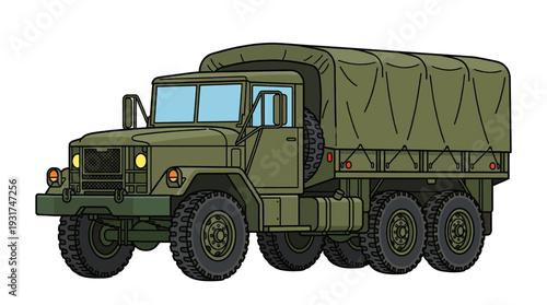 Military green cargo truck with large tarp-covered container.